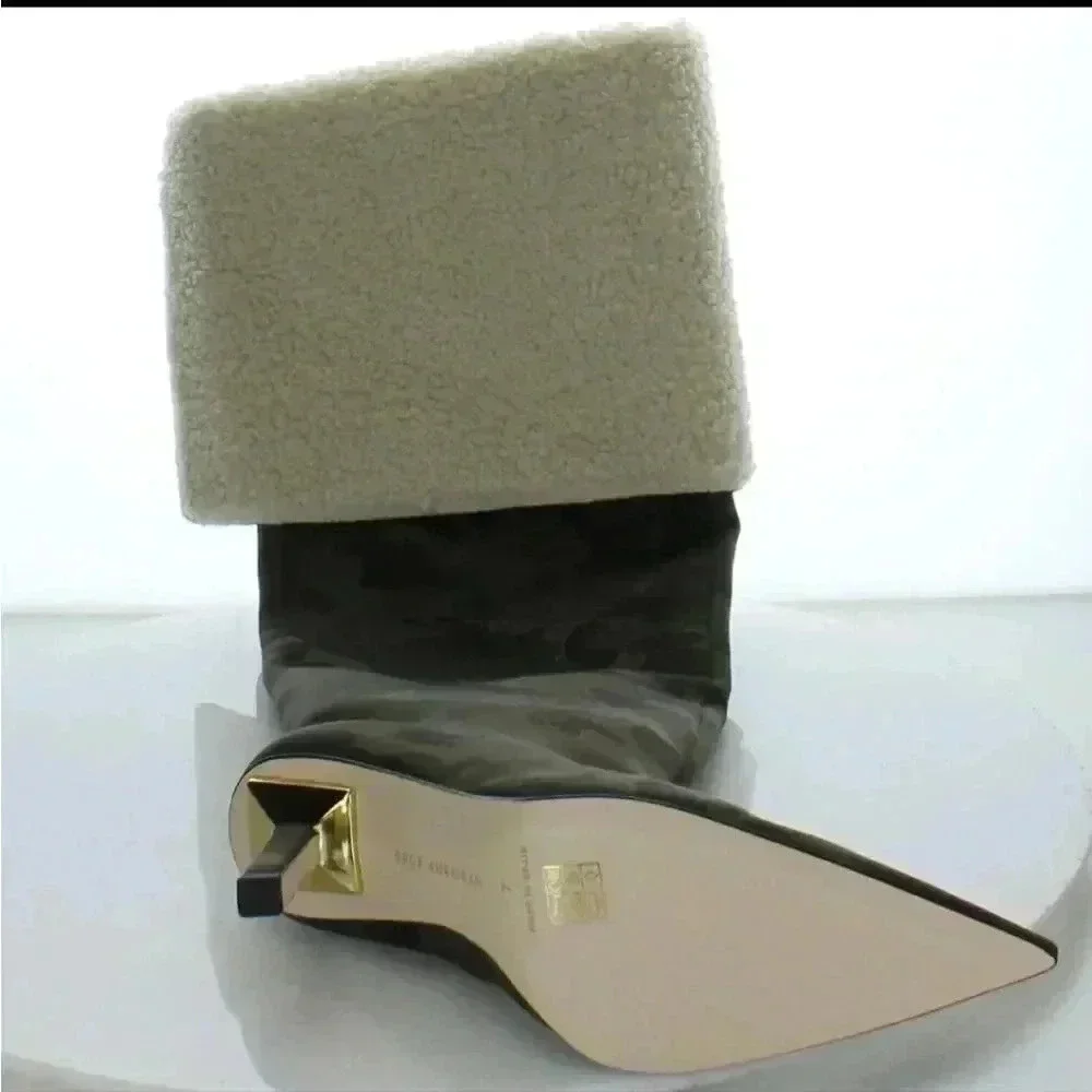 Good American Tall Boots Scuba Material Shearling Heeled Kick Stand Camo Green 7